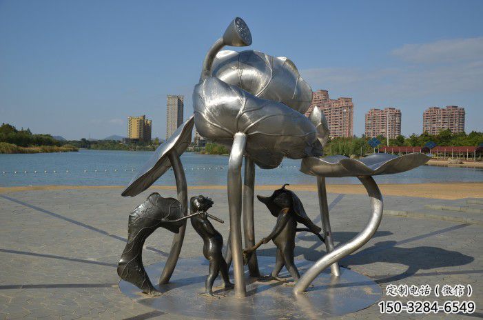 宜春蓮蓬嬉戲雕塑，城市植物景觀雕塑，不銹鋼鏡面效果