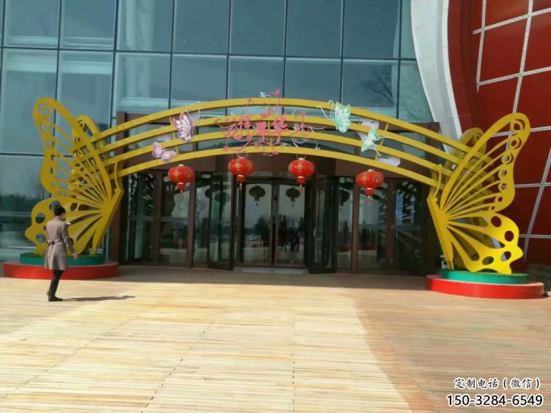 杭州蝴蝶拱門雕塑，鏤空烤漆效果，不銹鋼小區標識雕塑